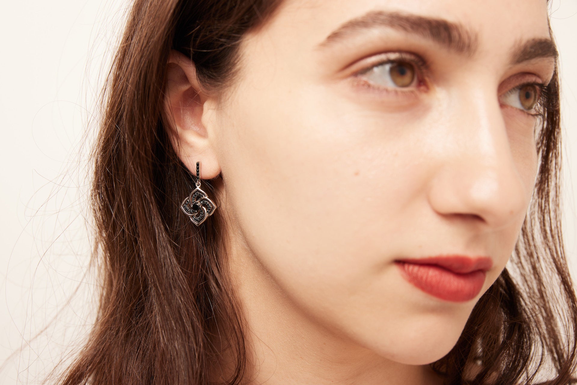 Sterling Silver Flower Earrings With Black Stone